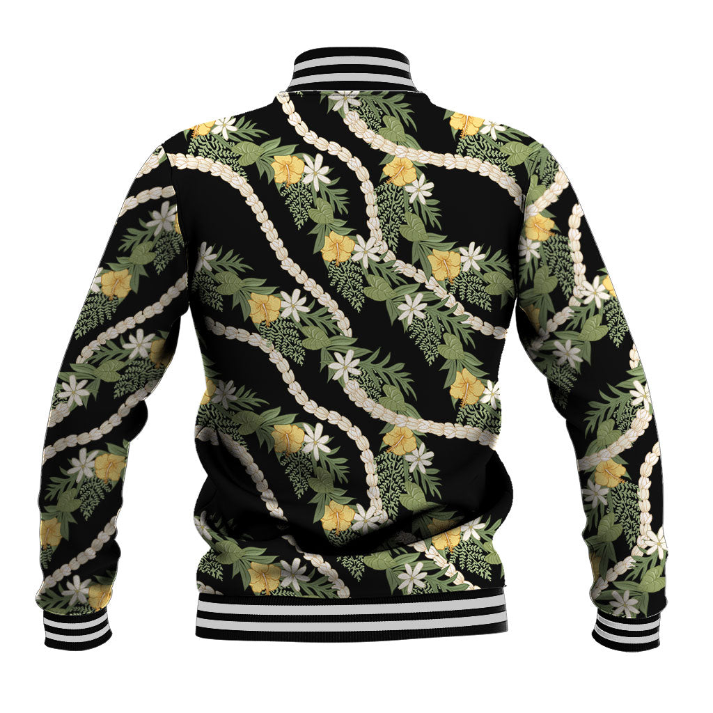 Hawaiian Pikake Maile Lei Baseball Jacket Tiare Hibiscus Kalo Palapalai Leaf Black LT19 - Polynesian Pride