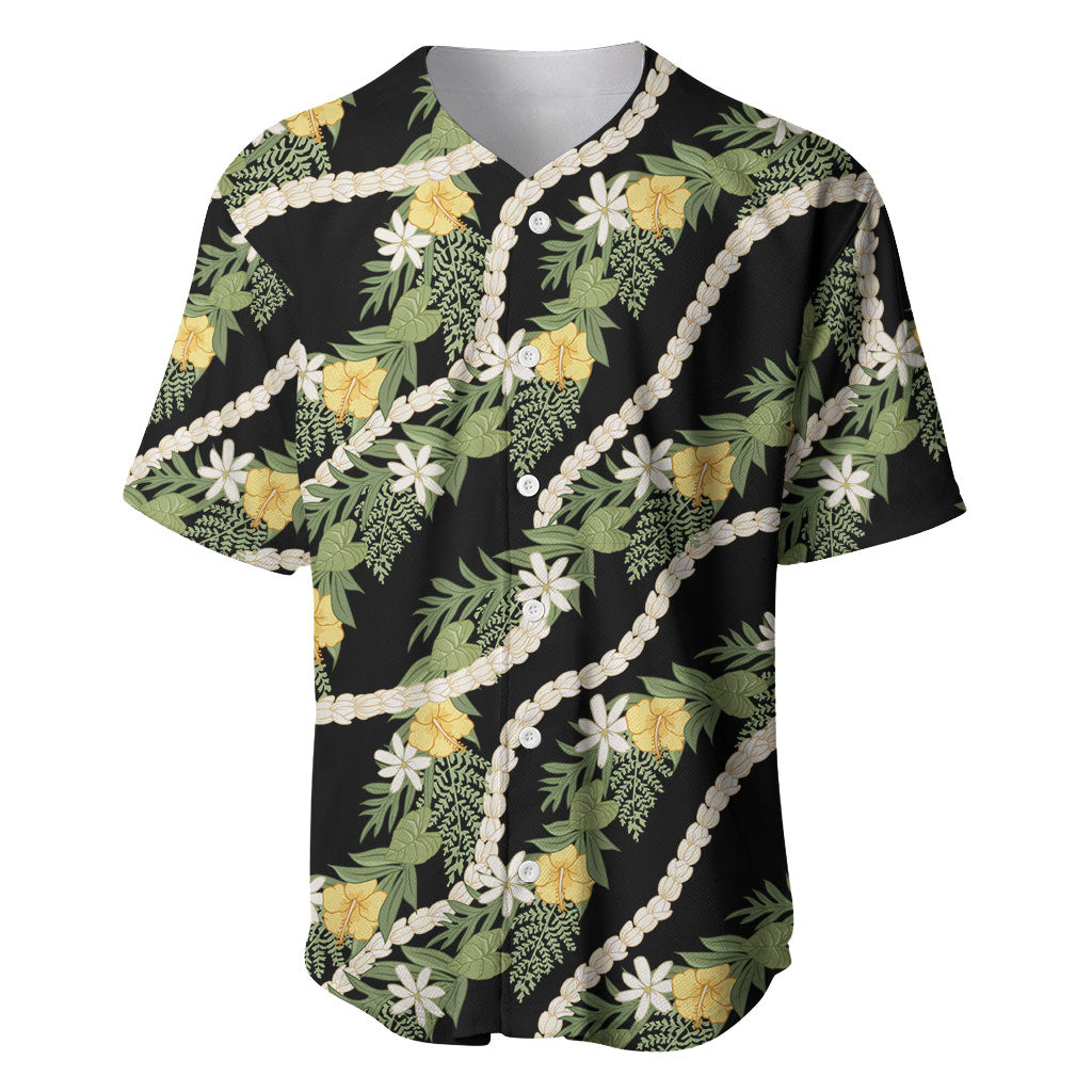 Hawaiian Pikake Maile Lei Baseball Jersey Tiare Hibiscus Kalo Palapalai Leaf Black LT19 Black - Polynesian Pride