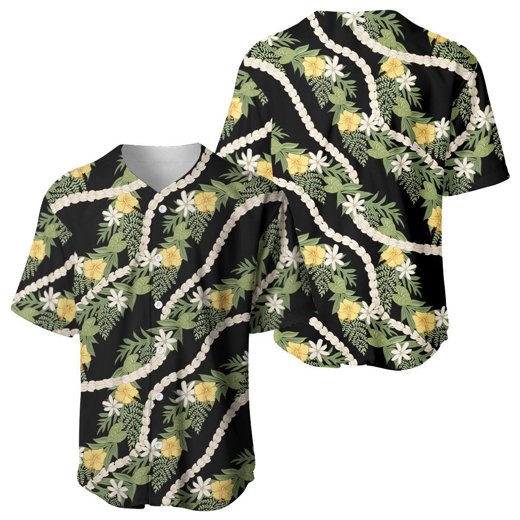 Hawaiian Pikake Maile Lei Baseball Jersey Tiare Hibiscus Kalo Palapalai Leaf Black LT19 - Polynesian Pride