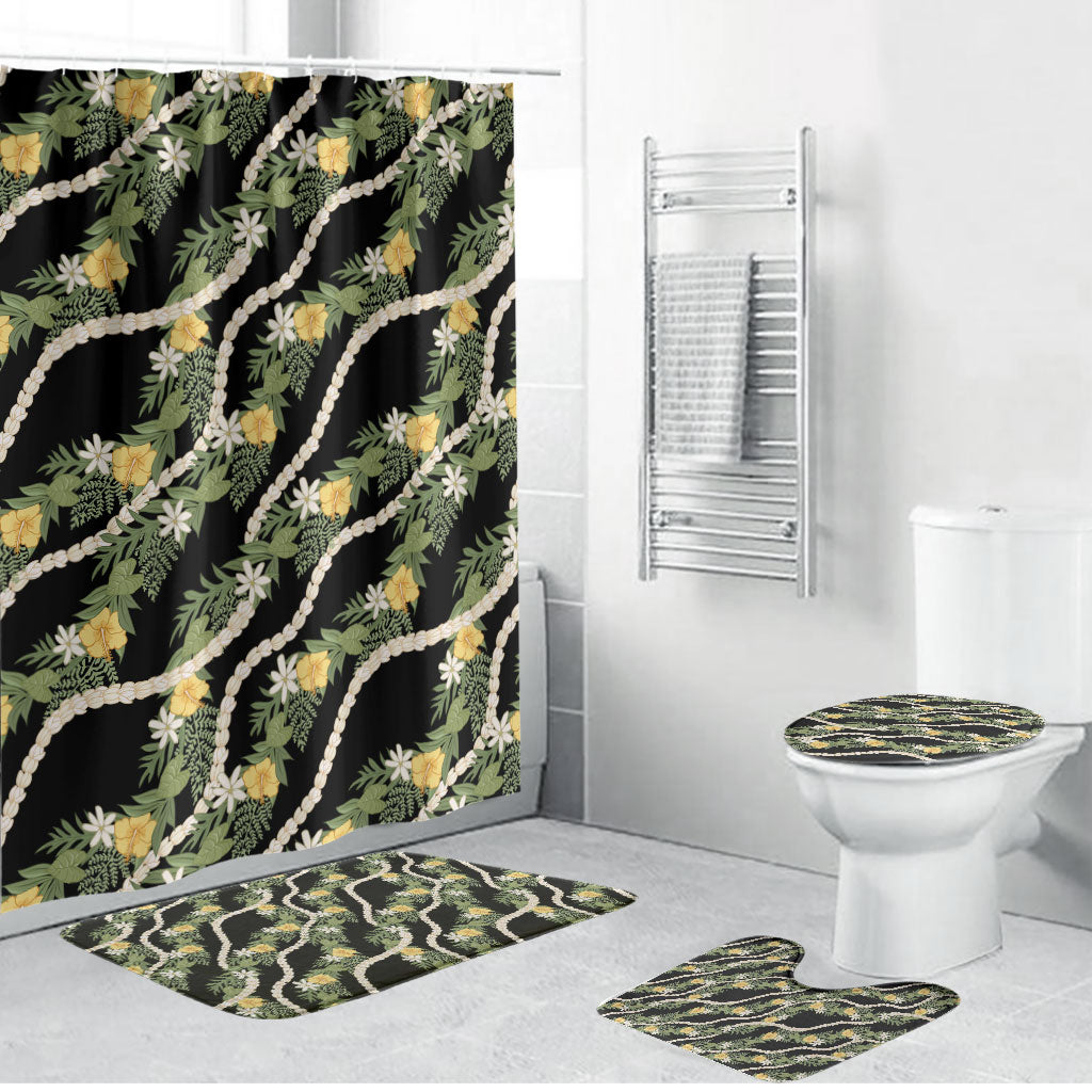 Hawaiian Pikake Maile Lei Bathroom Set Tiare Hibiscus Kalo Palapalai Leaf Black LT19 Bathroom Set (4 pcs) Black - Polynesian Pride