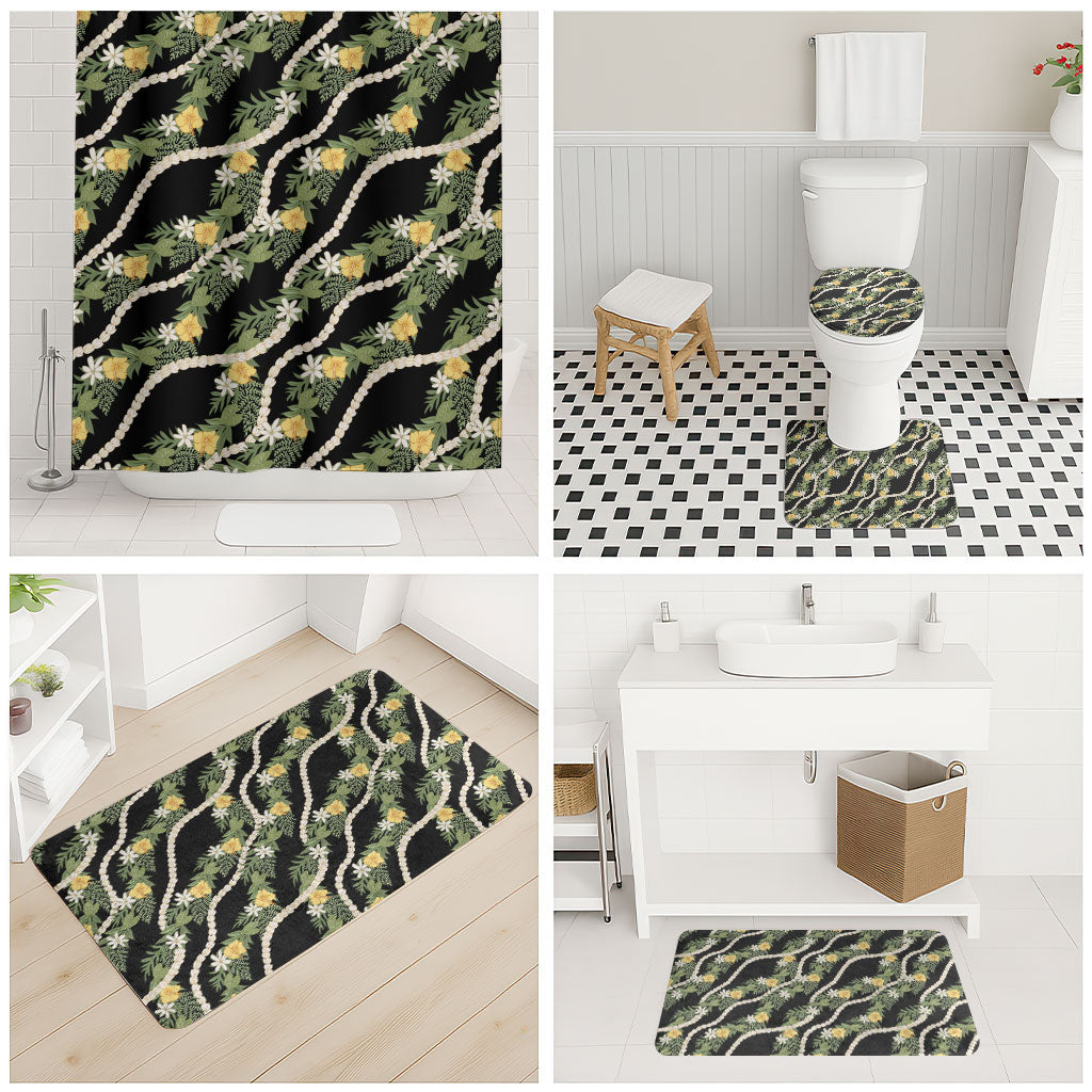 Hawaiian Pikake Maile Lei Bathroom Set Tiare Hibiscus Kalo Palapalai Leaf Black LT19 - Polynesian Pride