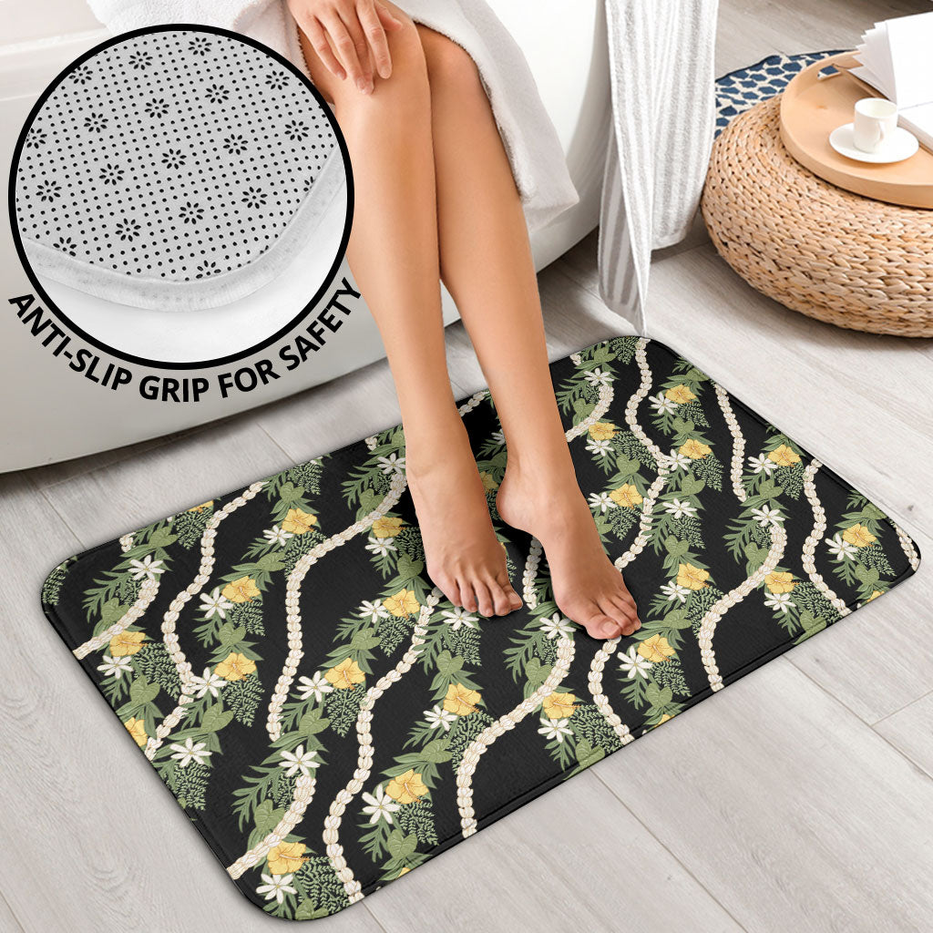 Hawaiian Pikake Maile Lei Bathroom Set Tiare Hibiscus Kalo Palapalai Leaf Black LT19 - Polynesian Pride