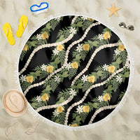 Hawaiian Pikake Maile Lei Beach Blanket Tiare Hibiscus Kalo Palapalai Leaf Black LT19 One Size 150cm Black - Polynesian Pride
