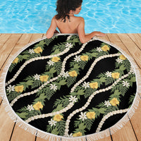 Hawaiian Pikake Maile Lei Beach Blanket Tiare Hibiscus Kalo Palapalai Leaf Black LT19 - Polynesian Pride