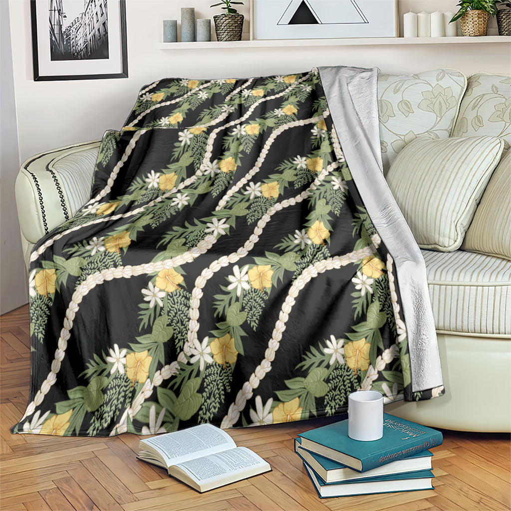 Hawaiian Pikake Maile Lei Blanket Tiare Hibiscus Kalo Palapalai Leaf Black LT19 Black - Polynesian Pride