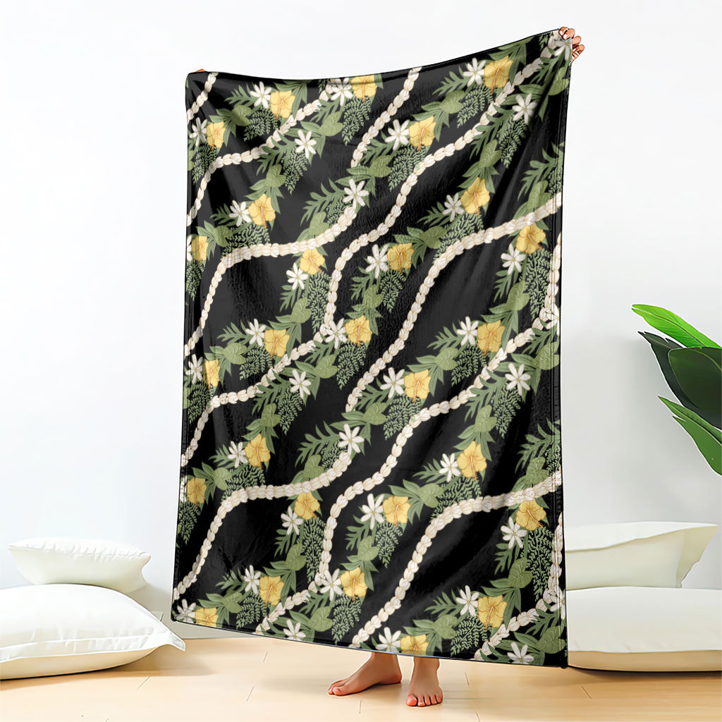 Hawaiian Pikake Maile Lei Blanket Tiare Hibiscus Kalo Palapalai Leaf Black LT19 - Polynesian Pride