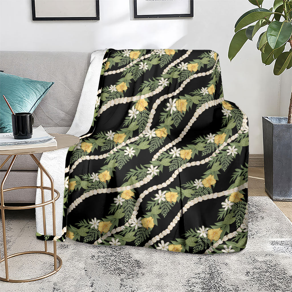 Hawaiian Pikake Maile Lei Blanket Tiare Hibiscus Kalo Palapalai Leaf Black LT19 - Polynesian Pride