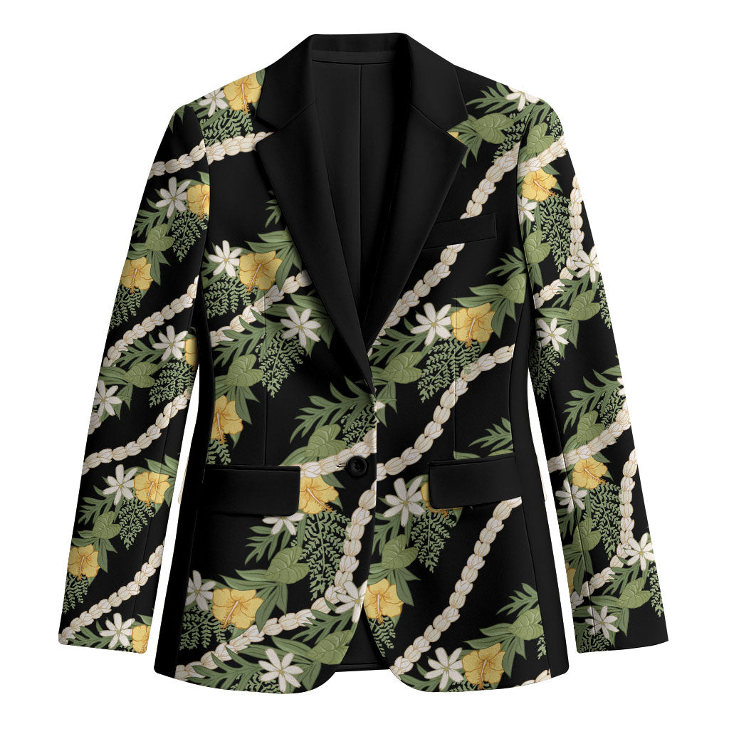 Hawaiian Pikake Maile Lei Blazer Tiare Hibiscus Kalo Palapalai Leaf Black LT19 Unisex Black - Polynesian Pride
