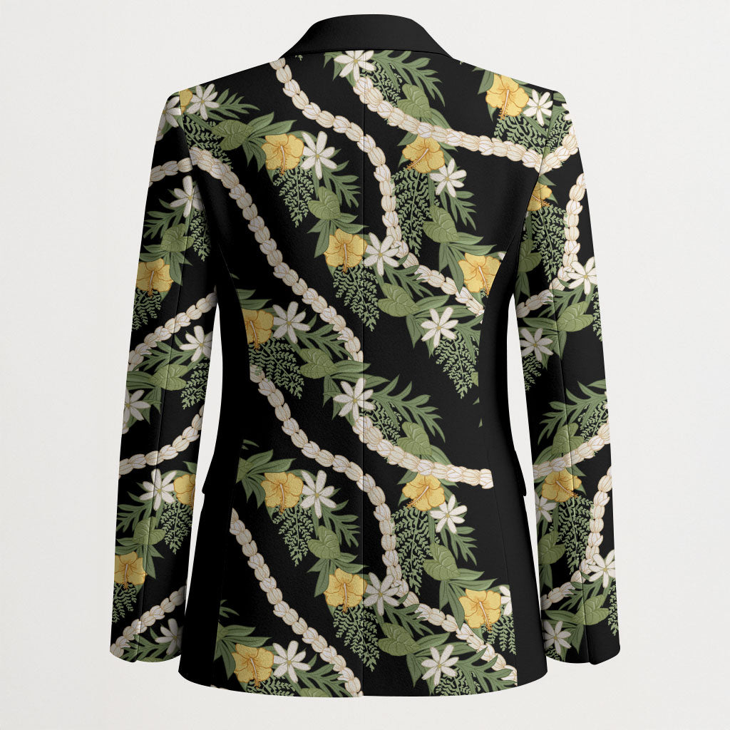 Hawaiian Pikake Maile Lei Blazer Tiare Hibiscus Kalo Palapalai Leaf Black LT19 - Polynesian Pride