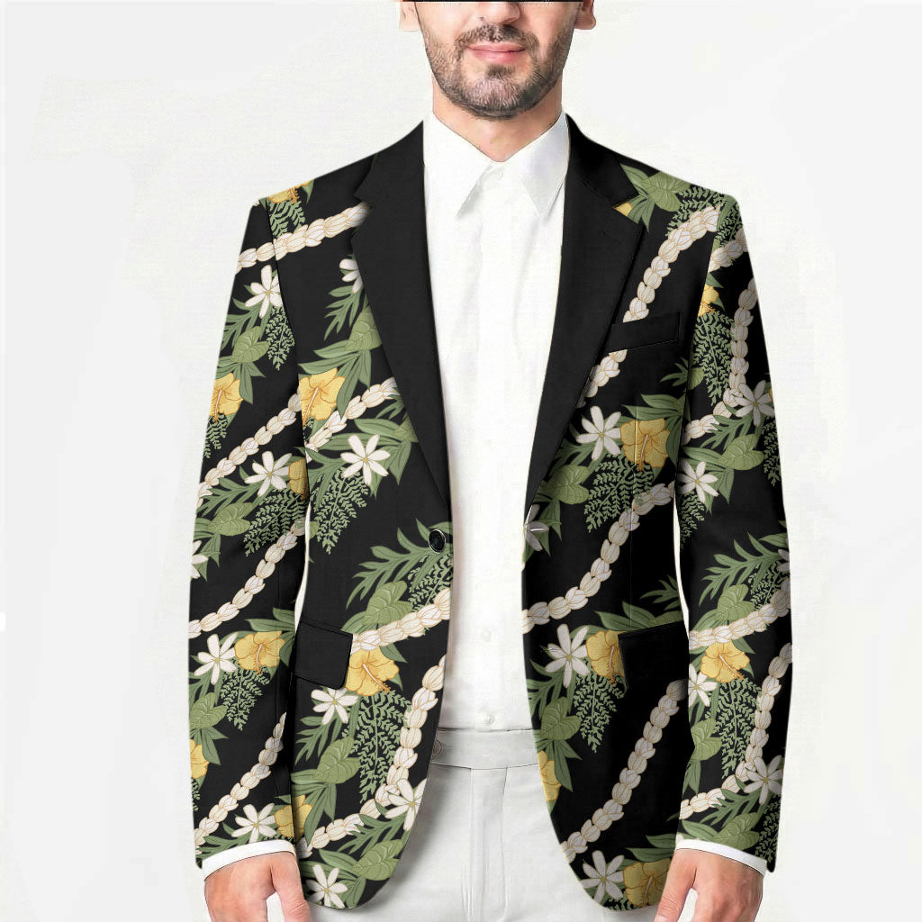Hawaiian Pikake Maile Lei Blazer Tiare Hibiscus Kalo Palapalai Leaf Black LT19 - Polynesian Pride