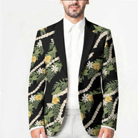 Hawaiian Pikake Maile Lei Blazer Tiare Hibiscus Kalo Palapalai Leaf Black LT19 - Polynesian Pride