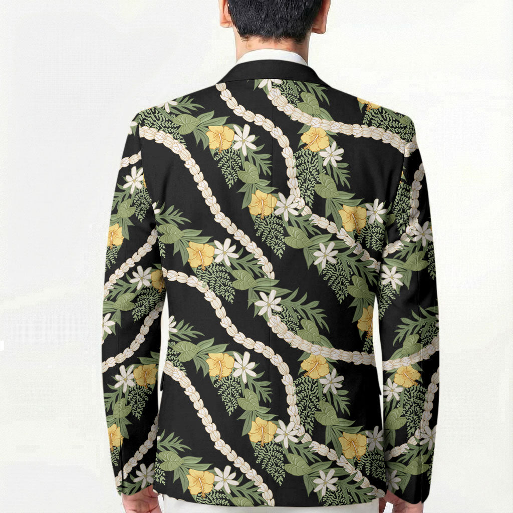 Hawaiian Pikake Maile Lei Blazer Tiare Hibiscus Kalo Palapalai Leaf Black LT19 - Polynesian Pride