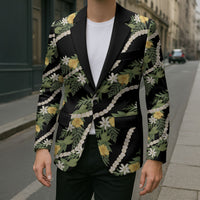 Hawaiian Pikake Maile Lei Blazer Tiare Hibiscus Kalo Palapalai Leaf Black LT19 - Polynesian Pride