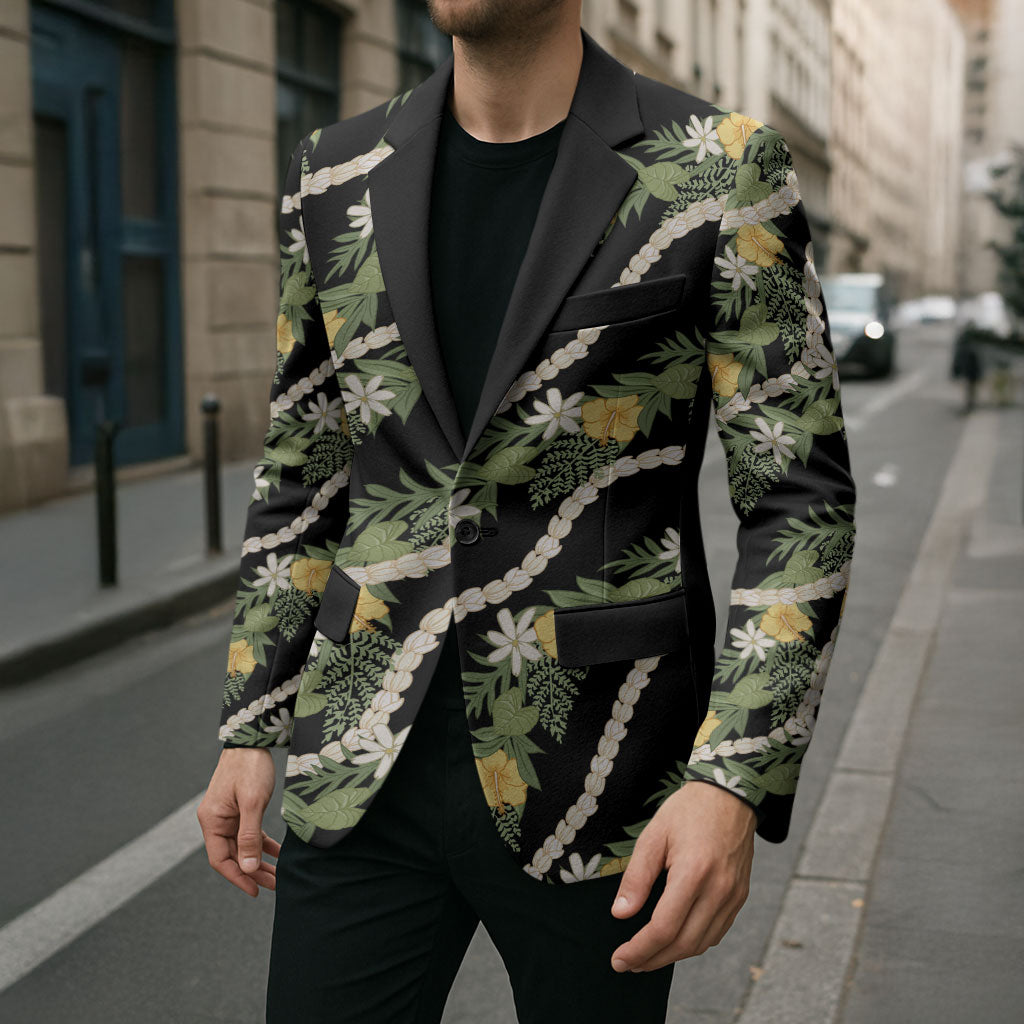 Hawaiian Pikake Maile Lei Blazer Tiare Hibiscus Kalo Palapalai Leaf Black LT19 - Polynesian Pride