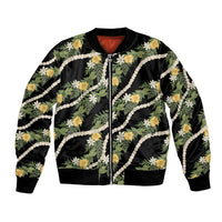Hawaiian Pikake Maile Lei Bomber Jacket Tiare Hibiscus Kalo Palapalai Leaf Black LT19 Unisex Black - Polynesian Pride