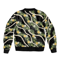 Hawaiian Pikake Maile Lei Bomber Jacket Tiare Hibiscus Kalo Palapalai Leaf Black LT19 - Polynesian Pride
