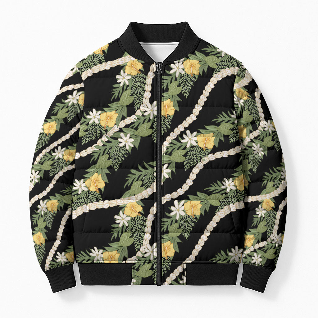 Hawaiian Pikake Maile Lei Bomber Puffer Jacket Tiare Hibiscus Kalo Palapalai Leaf Black LT19 Unisex Black - Polynesian Pride