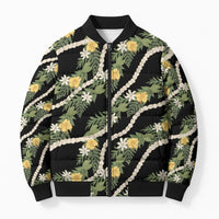Hawaiian Pikake Maile Lei Bomber Puffer Jacket Tiare Hibiscus Kalo Palapalai Leaf Black LT19 Unisex Black - Polynesian Pride