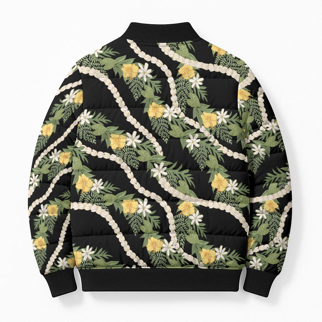 Hawaiian Pikake Maile Lei Bomber Puffer Jacket Tiare Hibiscus Kalo Palapalai Leaf Black LT19 - Polynesian Pride