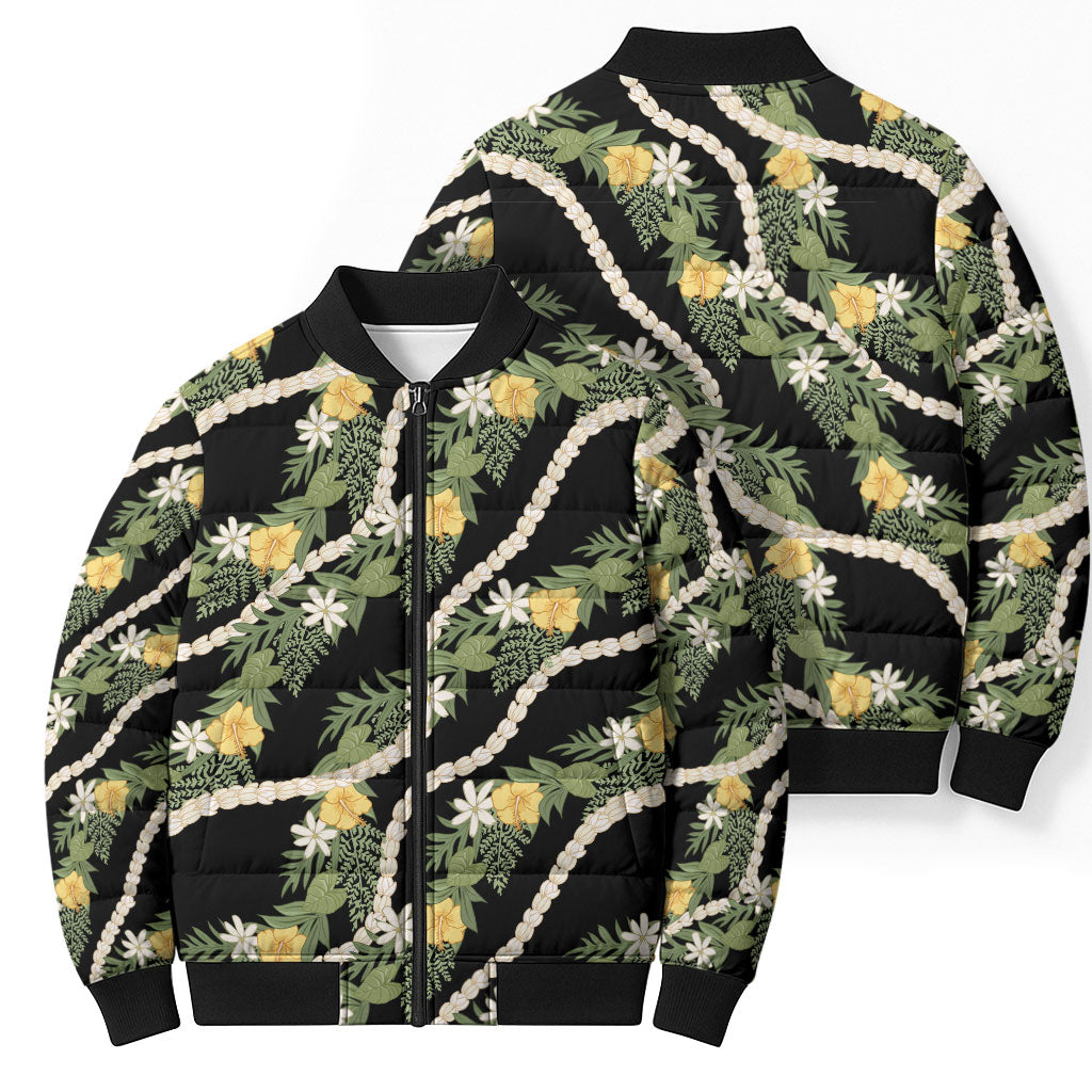 Hawaiian Pikake Maile Lei Bomber Puffer Jacket Tiare Hibiscus Kalo Palapalai Leaf Black LT19 - Polynesian Pride