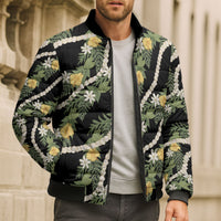 Hawaiian Pikake Maile Lei Bomber Puffer Jacket Tiare Hibiscus Kalo Palapalai Leaf Black LT19 - Polynesian Pride