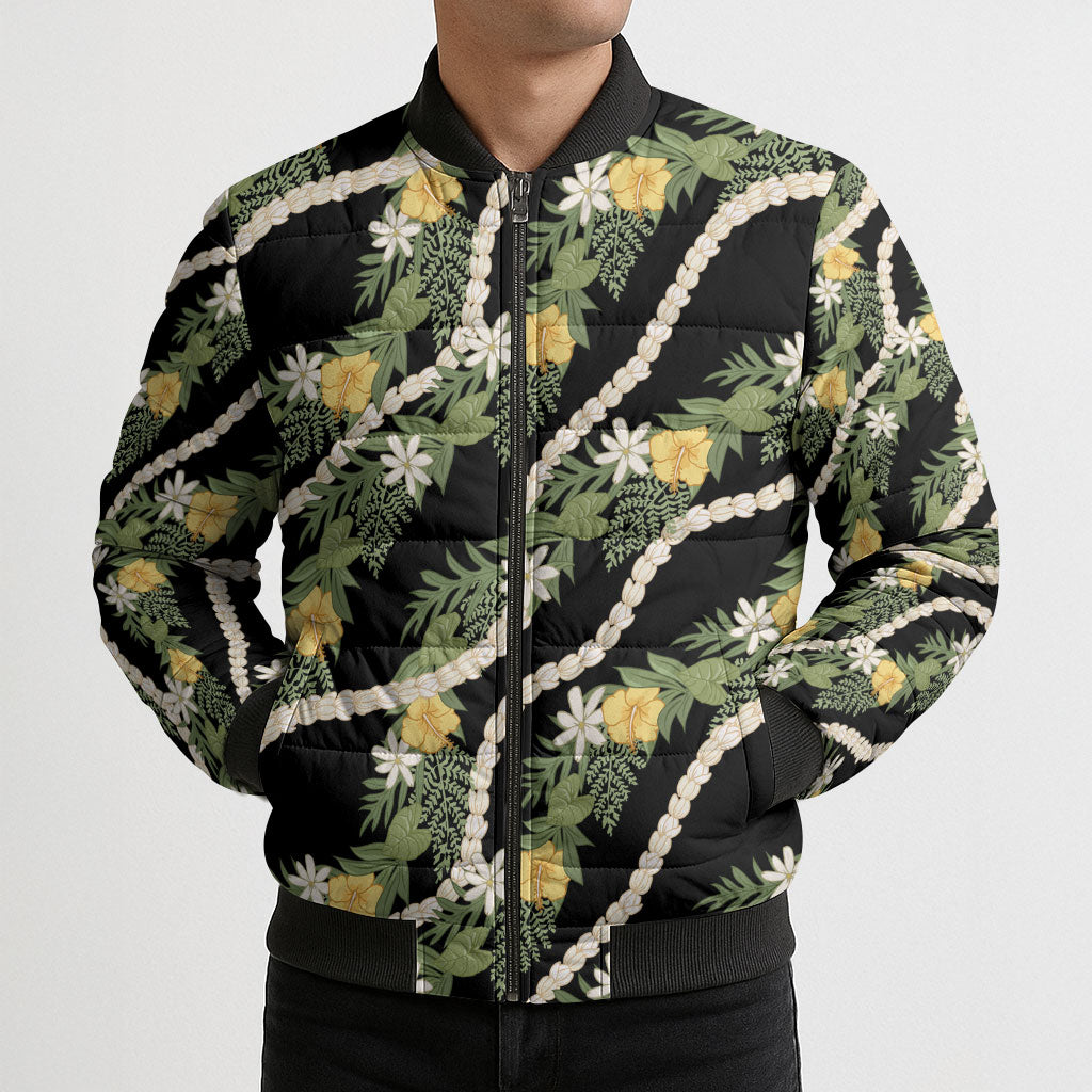 Hawaiian Pikake Maile Lei Bomber Puffer Jacket Tiare Hibiscus Kalo Palapalai Leaf Black LT19 - Polynesian Pride