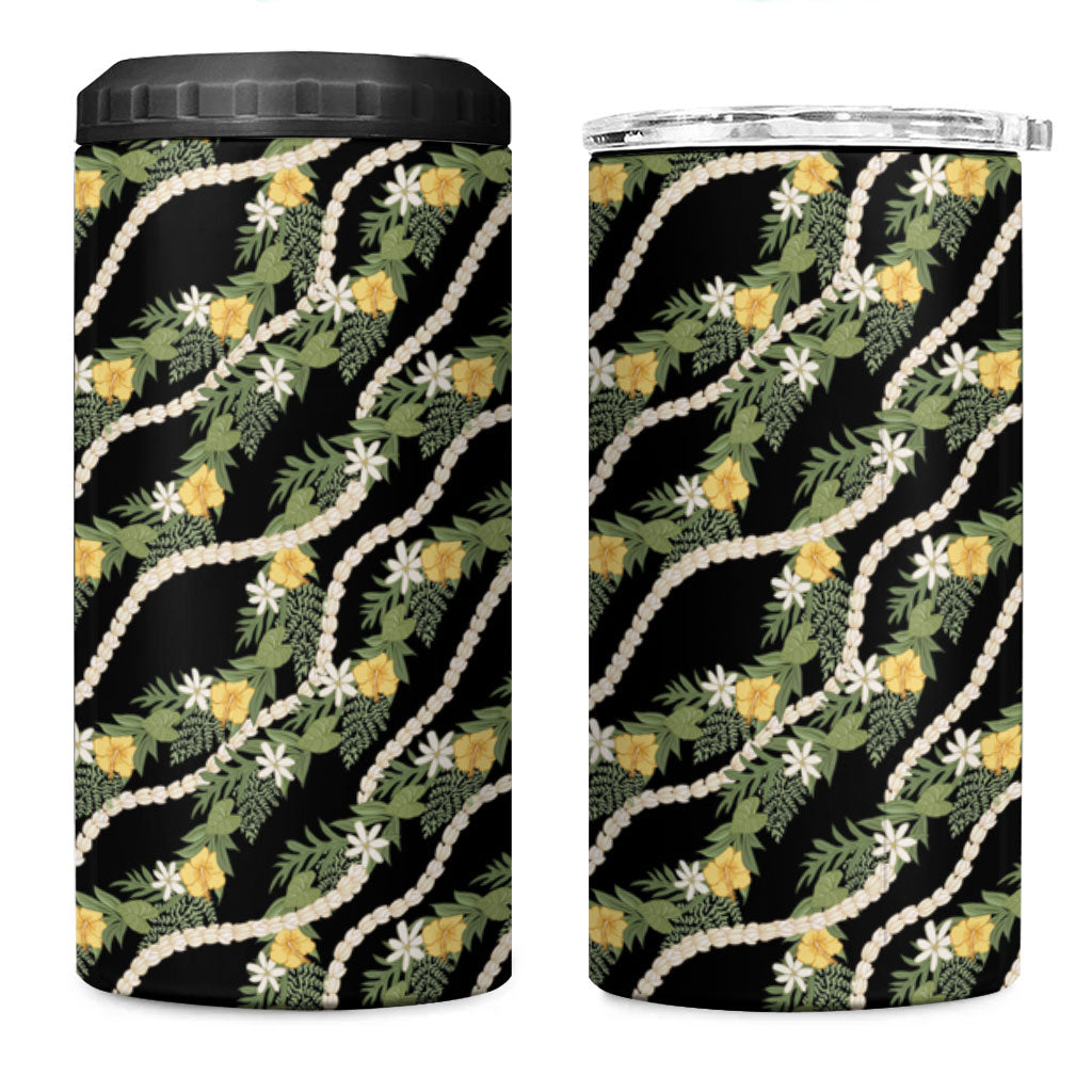 Hawaiian Pikake Maile Lei 4 in 1 Can Cooler Tumbler Tiare Hibiscus Kalo Palapalai Leaf Black LT19 One Size: 16 oz Black - Polynesian Pride