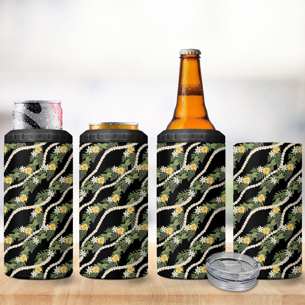 Hawaiian Pikake Maile Lei 4 in 1 Can Cooler Tumbler Tiare Hibiscus Kalo Palapalai Leaf Black
