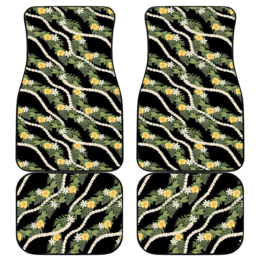 Hawaiian Pikake Maile Lei Car Mats Tiare Hibiscus Kalo Palapalai Leaf Black LT19 - Polynesian Pride