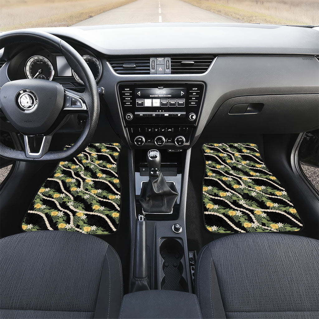 Hawaiian Pikake Maile Lei Car Mats Tiare Hibiscus Kalo Palapalai Leaf Black LT19 Set 2pcs - Front Black - Polynesian Pride