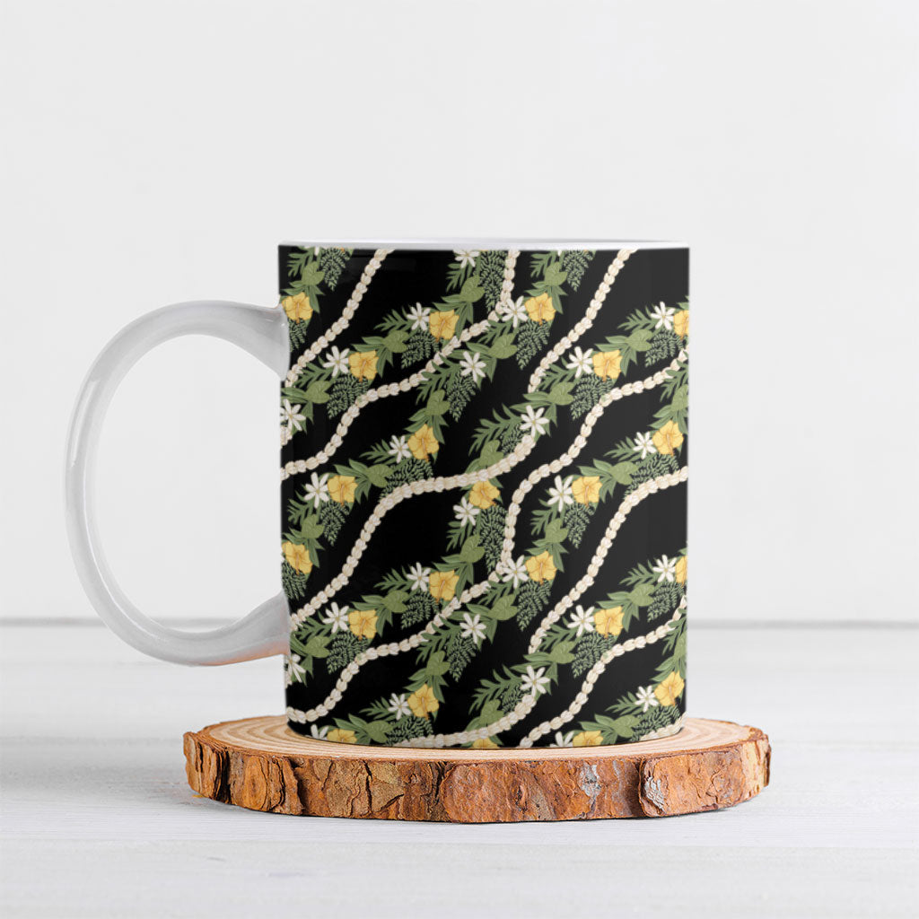 Hawaiian Pikake Maile Lei Ceramic Mug Tiare Hibiscus Kalo Palapalai Leaf Black LT19 Black - Polynesian Pride