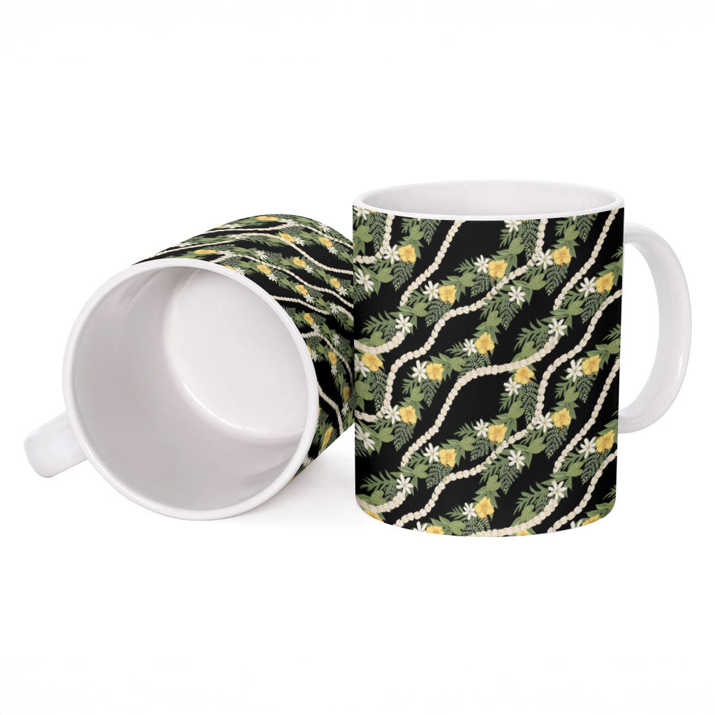 Hawaiian Pikake Maile Lei Ceramic Mug Tiare Hibiscus Kalo Palapalai Leaf Black LT19 - Polynesian Pride