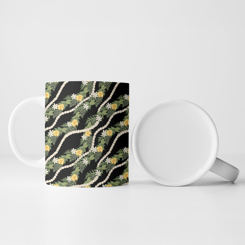 Hawaiian Pikake Maile Lei Ceramic Mug Tiare Hibiscus Kalo Palapalai Leaf Black LT19 - Polynesian Pride