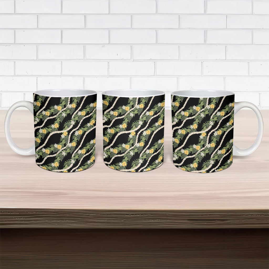 Hawaiian Pikake Maile Lei Ceramic Mug Tiare Hibiscus Kalo Palapalai Leaf Black LT19 - Polynesian Pride