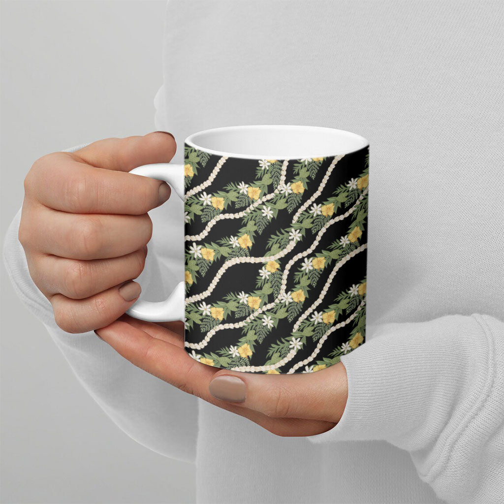 Hawaiian Pikake Maile Lei Ceramic Mug Tiare Hibiscus Kalo Palapalai Leaf Black LT19 - Polynesian Pride