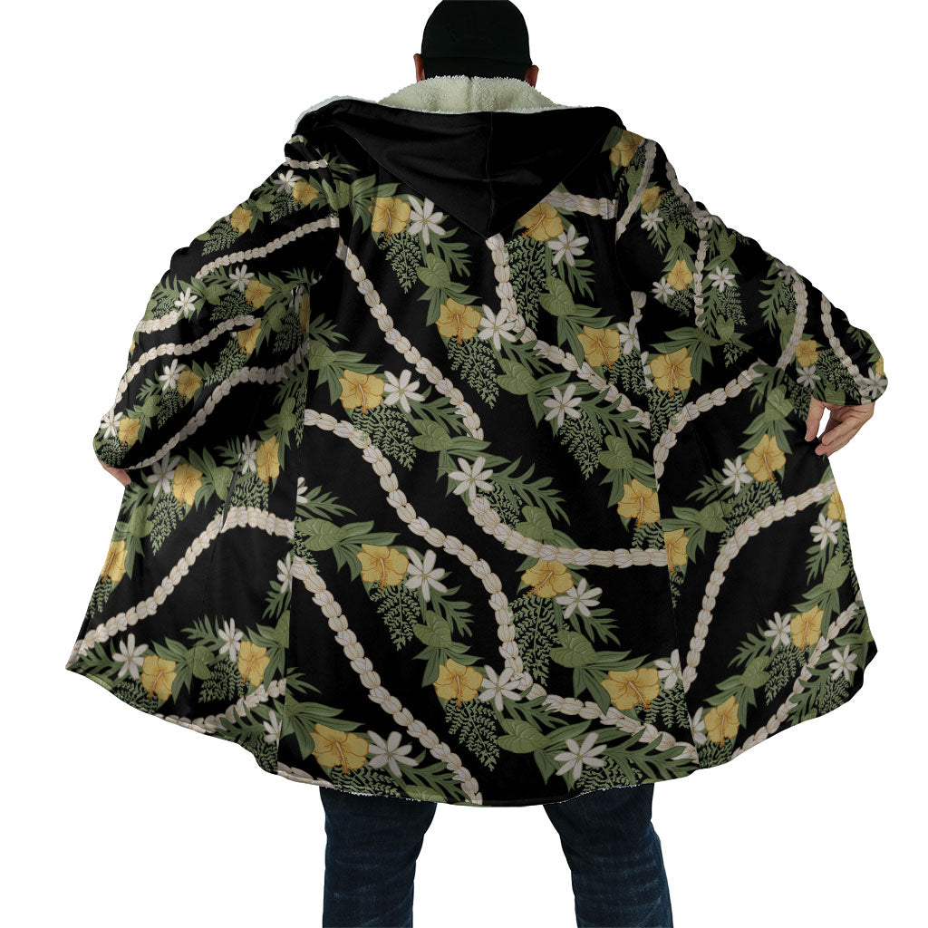 Hawaiian Pikake Maile Lei Cloak Tiare Hibiscus Kalo Palapalai Leaf Black LT19 - Polynesian Pride
