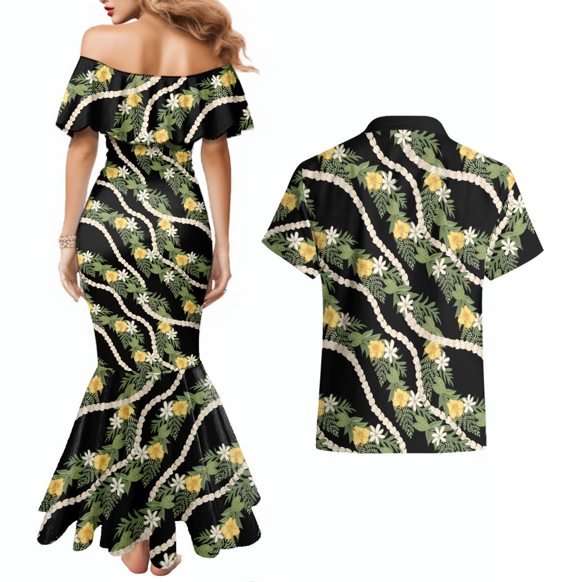 Hawaiian Pikake Maile Lei Couples Matching Mermaid Dress and Hawaiian Shirt Tiare Hibiscus Kalo Palapalai Leaf Black