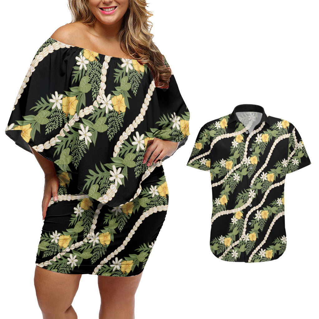 Hawaiian Pikake Maile Lei Couples Matching Off Shoulder Short Dress and Hawaiian Shirt Tiare Hibiscus Kalo Palapalai Leaf Black