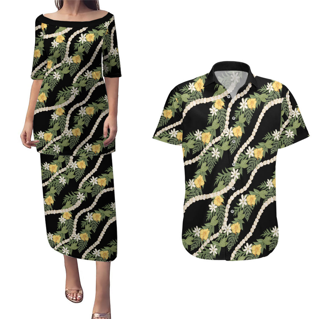 Hawaiian Pikake Maile Lei Couples Matching Puletasi and Hawaiian Shirt Tiare Hibiscus Kalo Palapalai Leaf Black