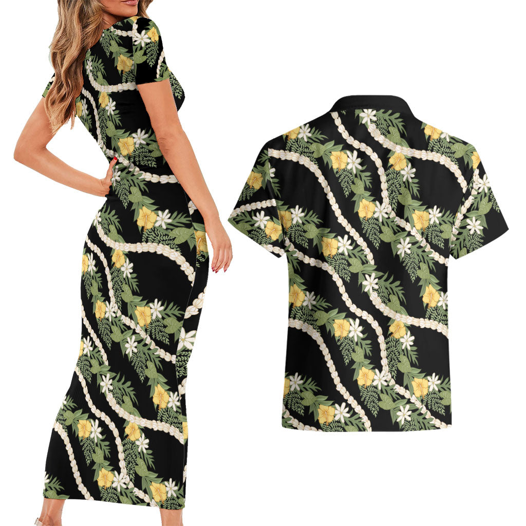 Hawaiian Pikake Maile Lei Couples Matching Short Sleeve Bodycon Dress and Hawaiian Shirt Tiare Hibiscus Kalo Palapalai Leaf Black
