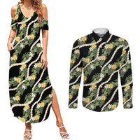 Hawaiian Pikake Maile Lei Couples Matching Summer Maxi Dress and Long Sleeve Button Shirt Tiare Hibiscus Kalo Palapalai Leaf Black