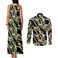 Hawaiian Pikake Maile Lei Couples Matching Tank Maxi Dress and Long Sleeve Button Shirt Tiare Hibiscus Kalo Palapalai Leaf Black