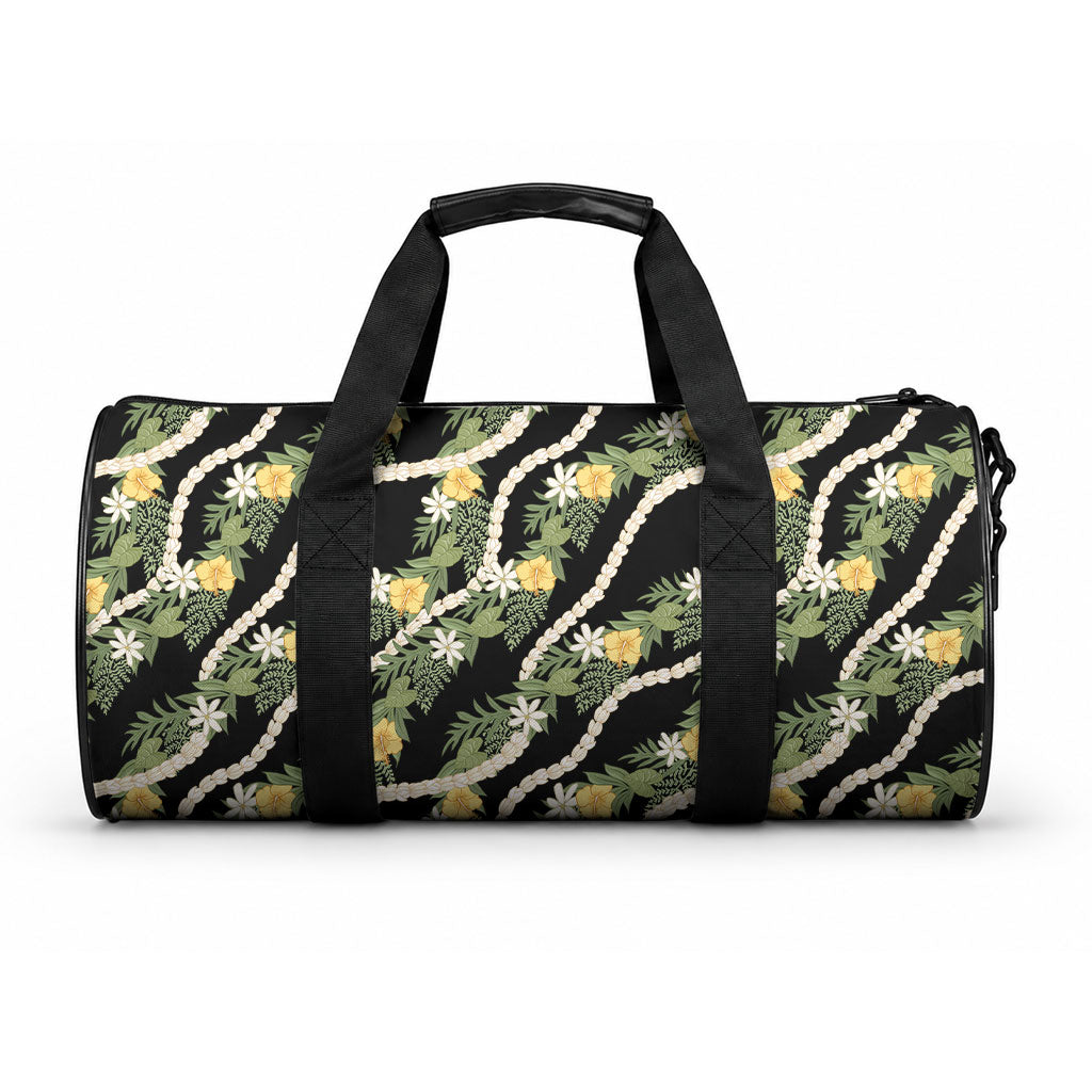Hawaiian Pikake Maile Lei Duffle Bag Tiare Hibiscus Kalo Palapalai Leaf Black LT19 One size Black - Polynesian Pride