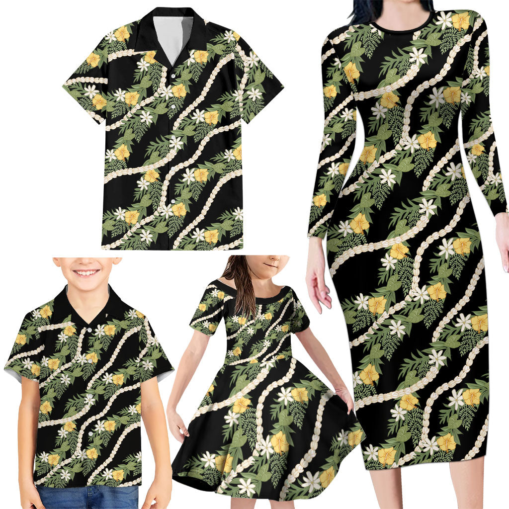 Hawaiian Pikake Maile Lei Family Matching Long Sleeve Bodycon Dress and Hawaiian Shirt Tiare Hibiscus Kalo Palapalai Leaf Black LT19 - Polynesian Pride