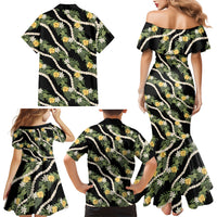 Hawaiian Pikake Maile Lei Family Matching Mermaid Dress and Hawaiian Shirt Tiare Hibiscus Kalo Palapalai Leaf Black