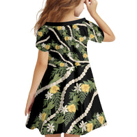 Hawaiian Pikake Maile Lei Family Matching Off The Shoulder Long Sleeve Dress and Hawaiian Shirt Tiare Hibiscus Kalo Palapalai Leaf Black