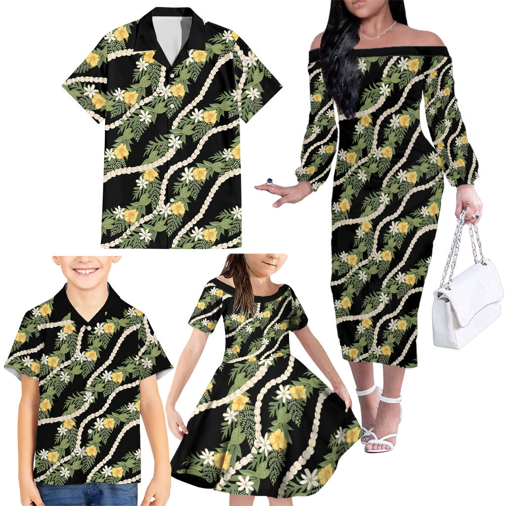 Hawaiian Pikake Maile Lei Family Matching Off The Shoulder Long Sleeve Dress and Hawaiian Shirt Tiare Hibiscus Kalo Palapalai Leaf Black