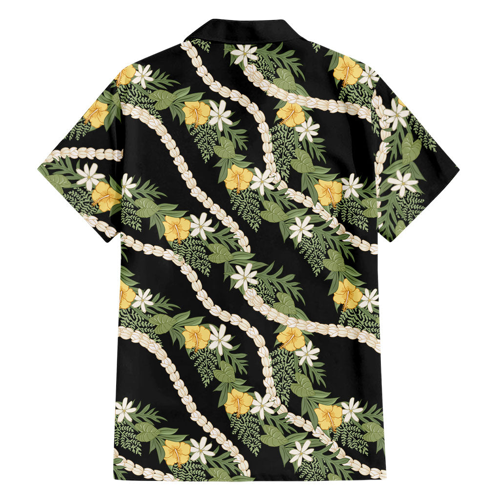 Hawaiian Pikake Maile Lei Family Matching Off Shoulder Short Dress and Hawaiian Shirt Tiare Hibiscus Kalo Palapalai Leaf Black
