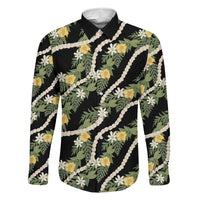 Hawaiian Pikake Maile Lei Family Matching Off Shoulder Short Dress and Hawaiian Shirt Tiare Hibiscus Kalo Palapalai Leaf Black