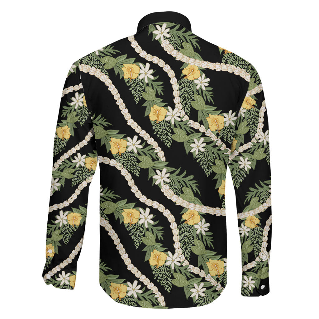 Hawaiian Pikake Maile Lei Family Matching Off Shoulder Short Dress and Hawaiian Shirt Tiare Hibiscus Kalo Palapalai Leaf Black